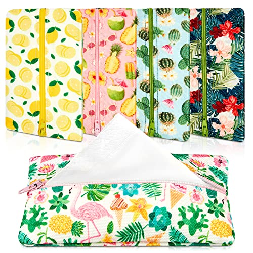 5 Pieces Tissues Purse Pocket Tissue Holder Reusable Travel Tissue Pouch Fabric Zipper Enclosed Small Size Flower Pattern Tissue Holder for Purse Coins for Summer, 5.25 x 3 Inches (Passion Style)