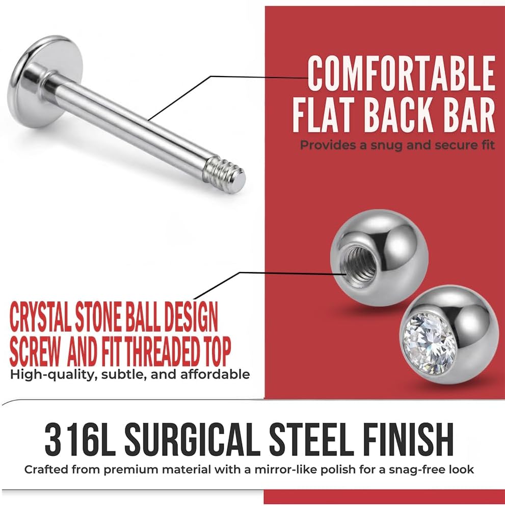 316L Surgical Steel 3mm, 4mm Stone Ball Top with 16 Gauge - 6mm, 8mm, 10mm Lip Labret - Flat Back Lip Stud - Tragus Earring - Cartilage, Helix - Tragus Piercing Jewelry