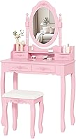 Vista 9 de Whalefall Juego de tocador de maquillaje para niñas con espejo y taburete, pequeña mesa blanca con silla y espejo (tocador blanco)