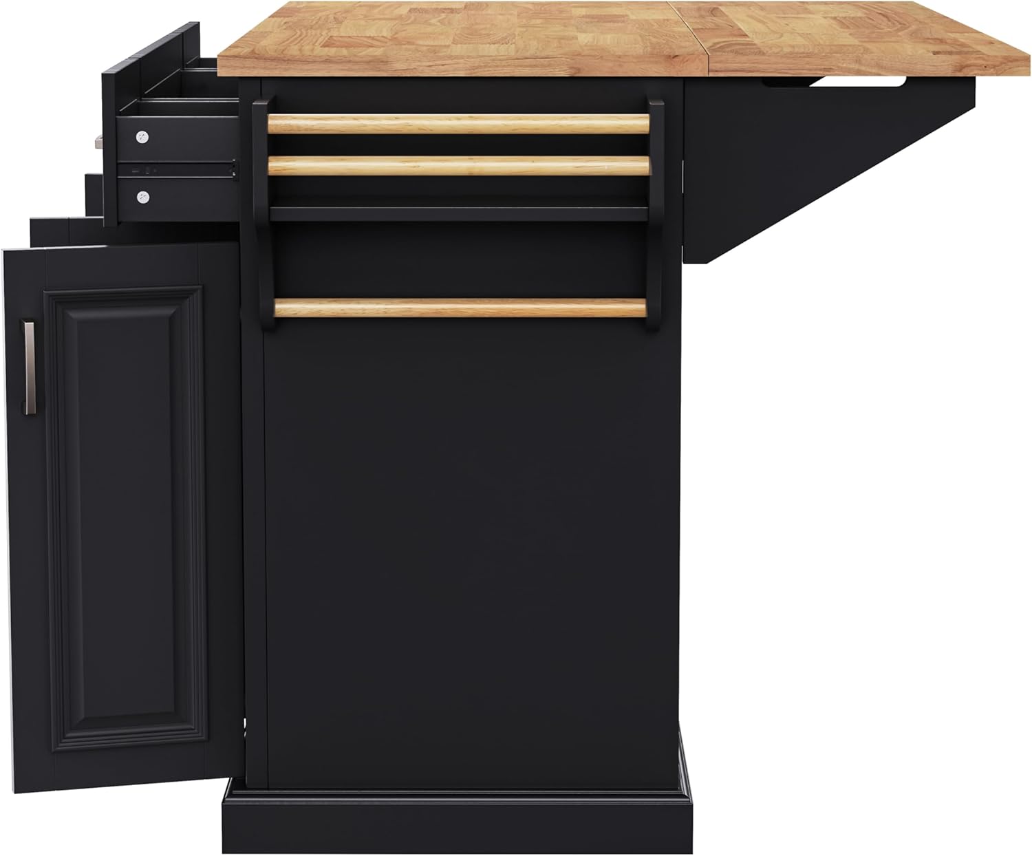 Yayzy Rolling Kitchen Island with Drop Leaf, 4 Cabinet Doors, 3 Drawers & Side Storage Racks, Mobile Kitchen Cart with Rubberwood Top & Locking Wheels for Dining Room & Kitchen, 54-Inch, Black