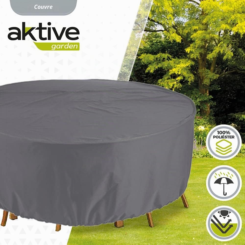 AKTIVE Housse de Table de Jardin Imperméable, Housse de Mobilier de Jardin Imperméable, Housse de Table Ronde, Ø150 cm, 60% Polyester, avec Protection UV, Gris, Jardin