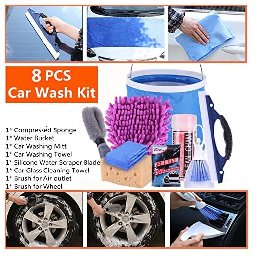 Limpieza Kit de Coche Moto Limpiar Herramientas 8 PICS - Wash Mitt, Sponge, Toalla de absorción de agua, Paños de microfibra, Enjugador, Cepillo, Cubo de agua