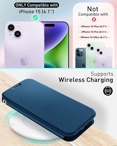 Miniatura 85 de OCASE Funda tipo cartera para iPhone 15 Pro Max, funda delgada de piel sintética, ranuras para tarjetas, bloqueo RFID, soporte, funda de teléfono a