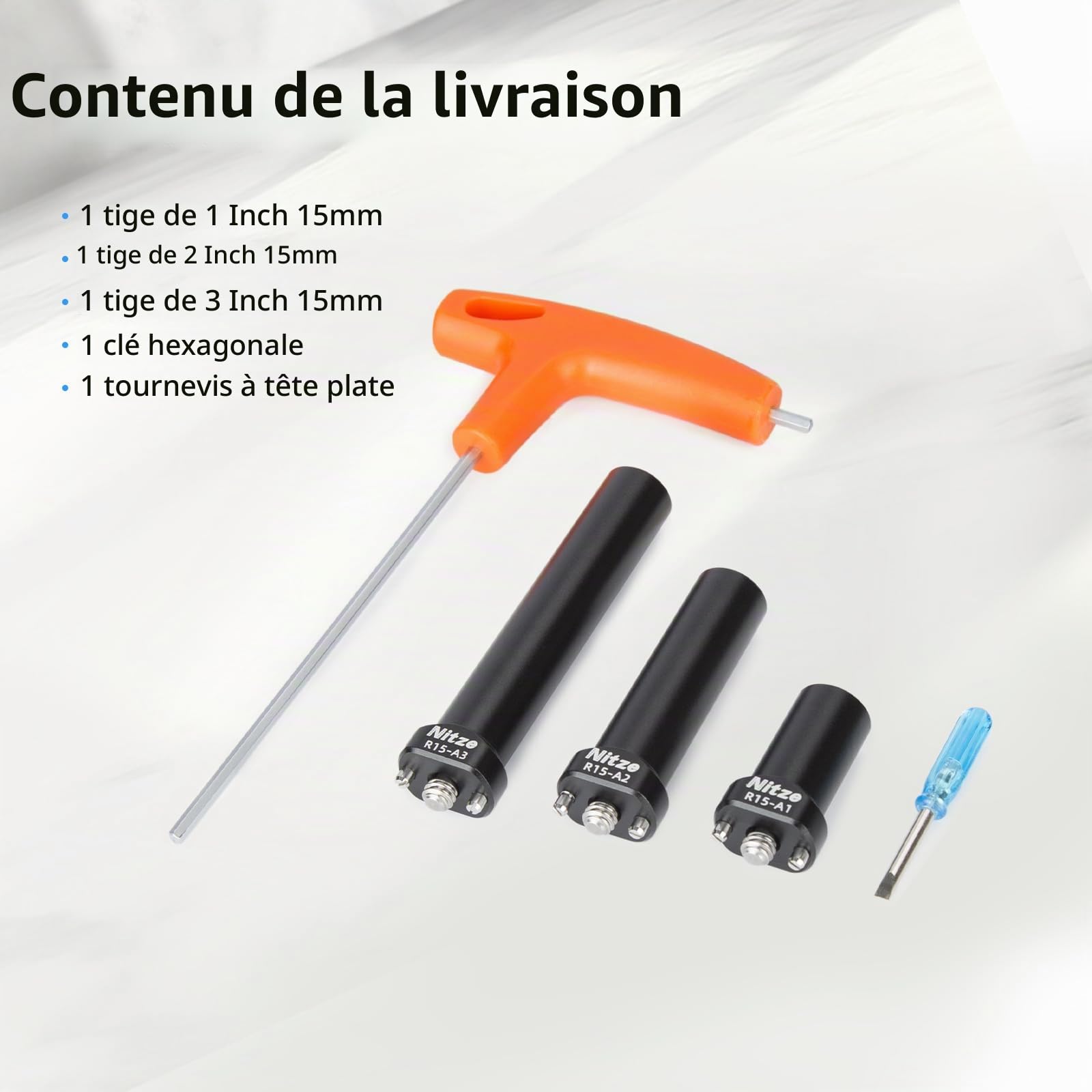 Nitze 15 mm Rod Kits avec Broches de Positionnement de 1/4", 1 Pouce/2 Pouces/3 Pouces (3 Pièces) Tiges en Alliage d'Aluminium de 15 mm pour Cage de Caméra, Poignée Supérieure de Caméra - R15-AK