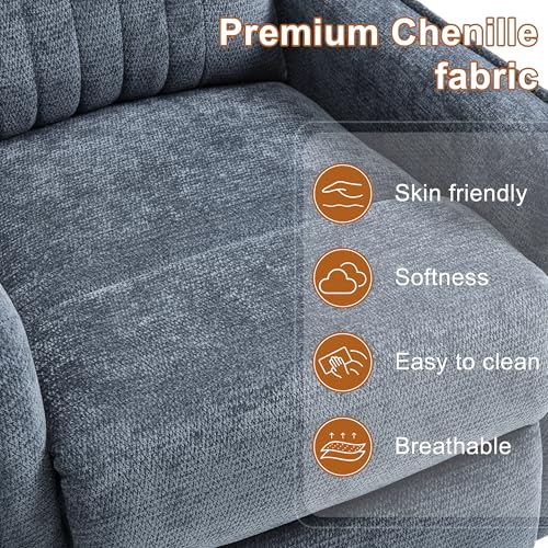 Image of Manual Swivel Rocker Recliner Chair for Adults, Overstuffed Reclining Glider Chair for Nursing with Vibration Massage & Heat, Living Room Rocking Recliner 2-Stage backrest, Chenille Fabric Blue
