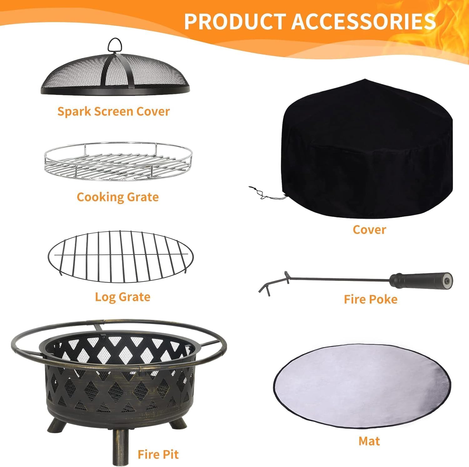 2 in 1 Firepit with Grill 30 Inch Outdoor Fire Pit with Mat & Spark Screen & Cooking Grate - Large Round Steel Fire pits for Patio, Backyard & Garden - Includes Poker for Wood Burning & Camping Use
