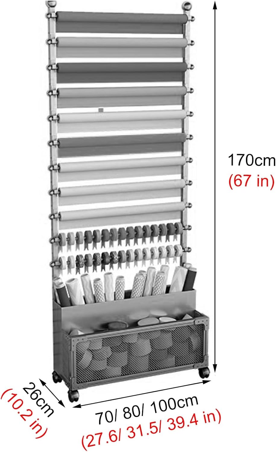 Floor-Standing Ribbon Storage Rack on Wheels, Metal Wrapping Paper Spool Holder with Grid Storage Basket, Black(Rod 80cm/31.5in)