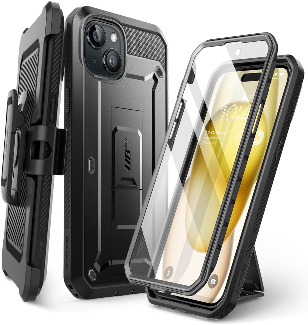 SUPCASE for iPhone 15 Case with Stand & Belt-Clip(Unicorn Beetle Pro), [Built-in Screen Protector] [Military-Grade Drop Protection] Heavy Duty Rugged Phone Case for iPhone 15 6.1 Inch 2023, Black