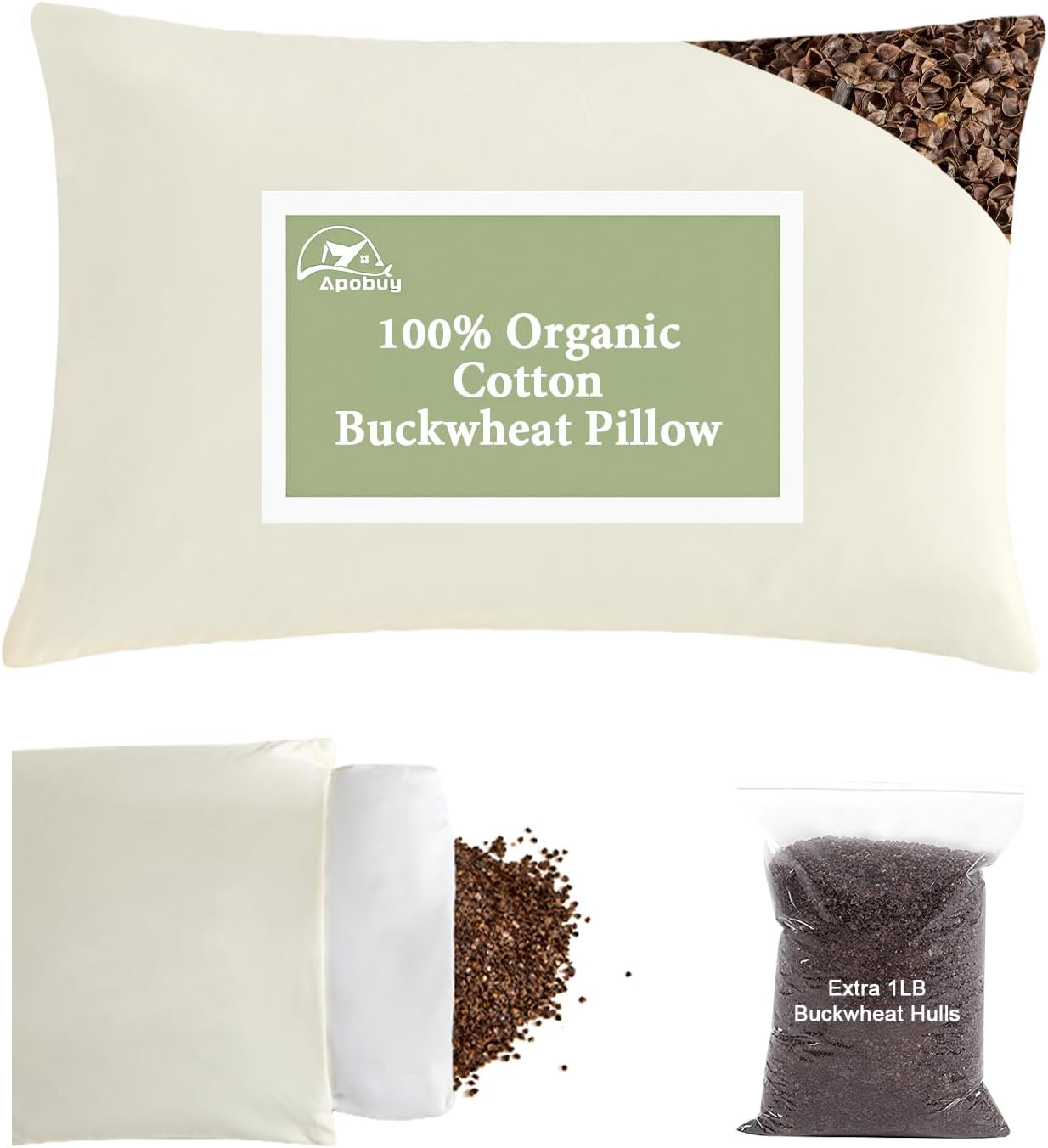 Organic Buckwheat Pillow for Sleeping with Dual-Layer Pillowcase and Extra Tartary Buckwheat Hulls, Adjust Height and Firmness, Neck Support Pillow for Back and Side Sleepers 16″x22″