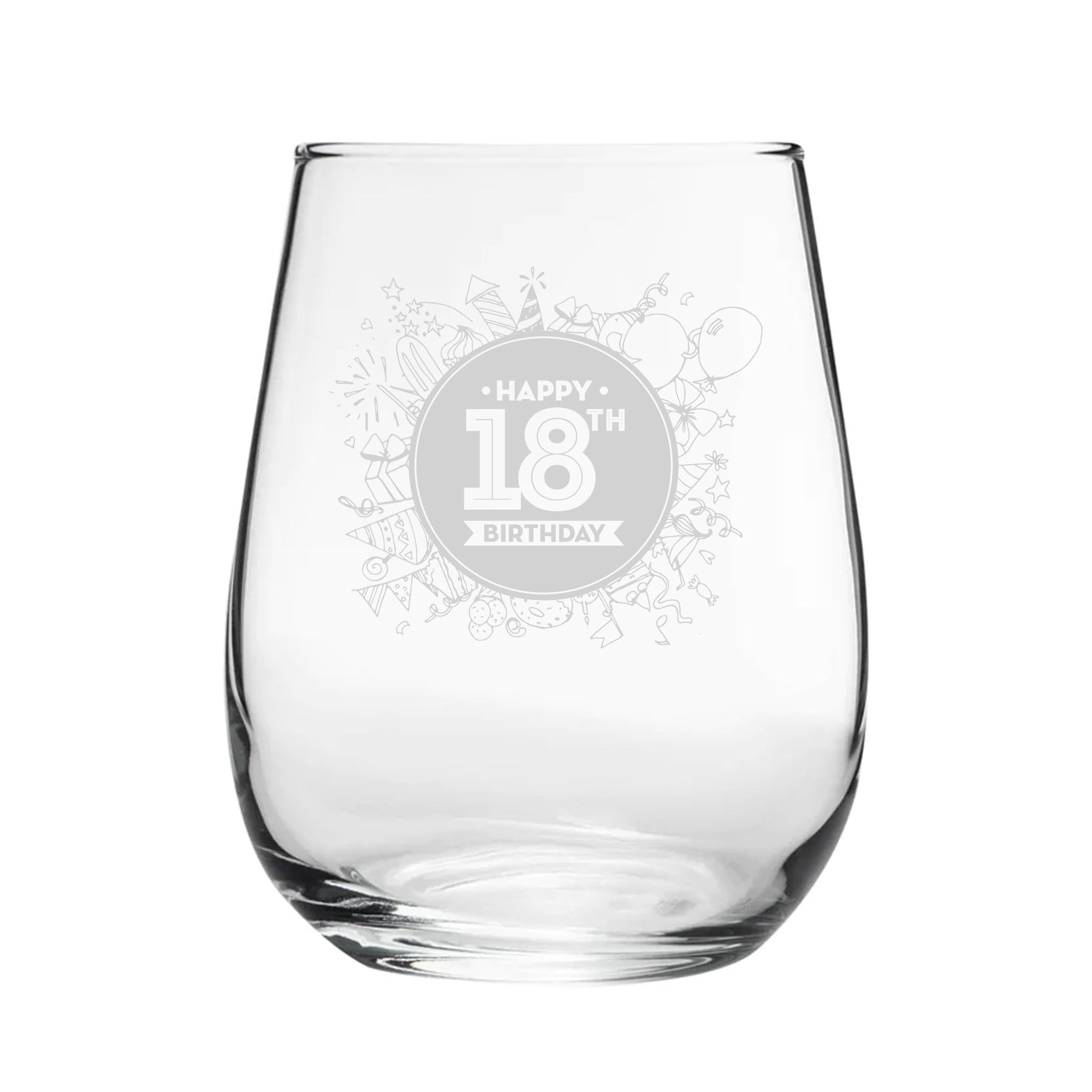 Happy 18th Birthday Round Design - Engraved Novelty Stemless Wine Gin Tumbler Glass | 18th Birthday Gifts for Girls, 18th Wine Glasses Set, 18th Bday Cocktail Cup