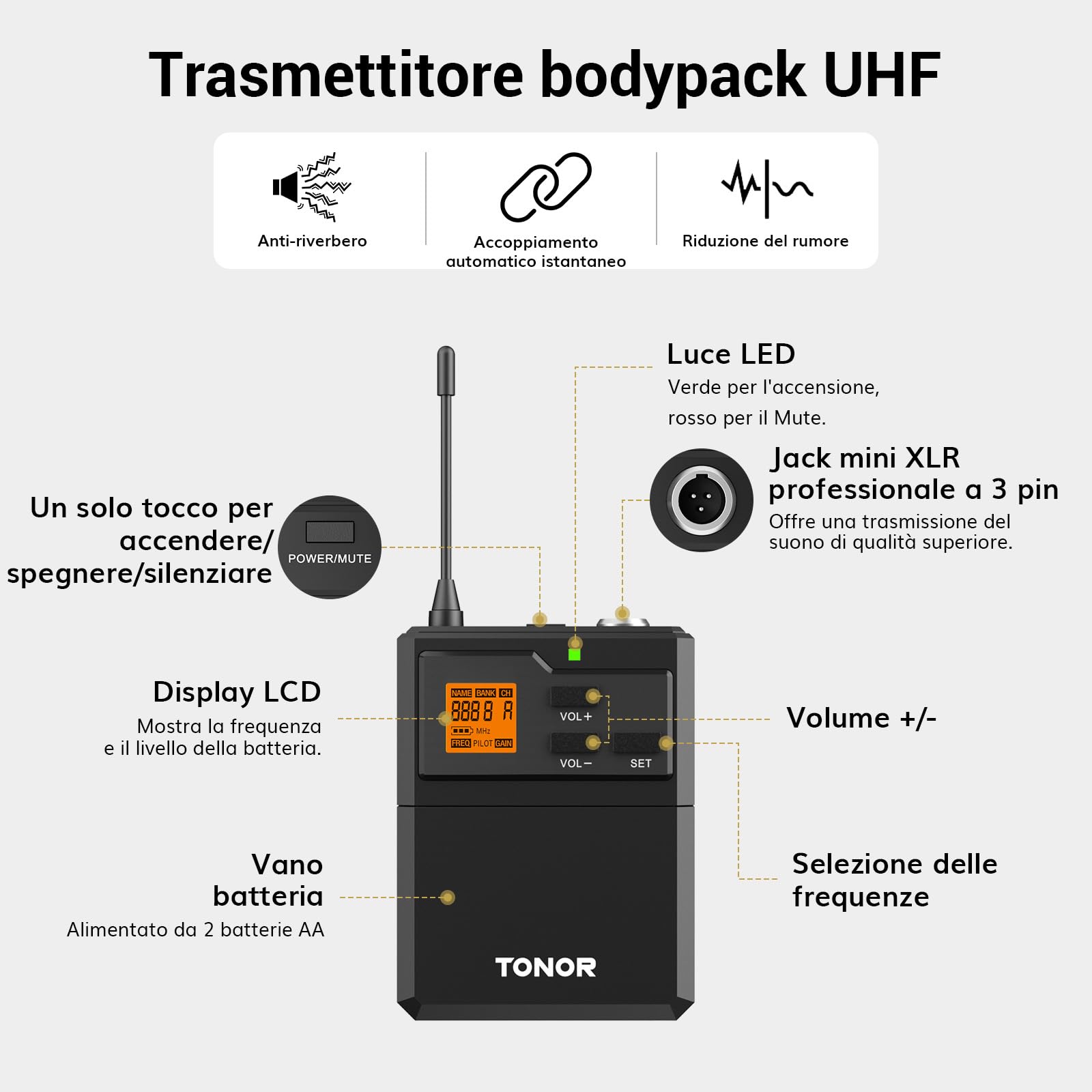 TONOR Sistema Microfono Wireless con Microfono archetto/Lavalier Microphone e Trasmettitore Bodypack e Ricevitore Metallici, 2x5 frequenze UHF, Distanza 60M Segnale stabile per Prestazioni Live