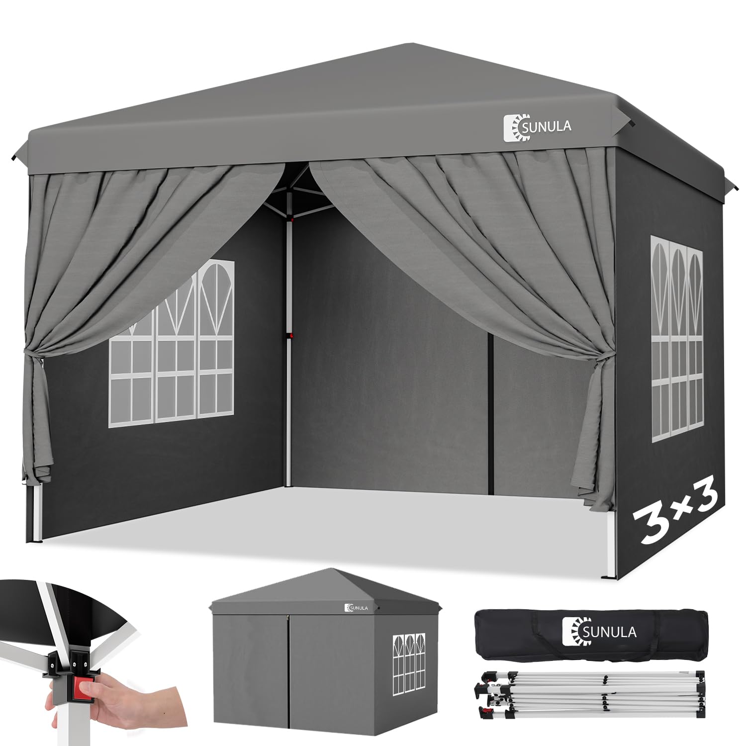 Sunula Tonnelle 3 x 3 m imperméable et stable avec 4 parois latérales, pliable, 3 x 3 m, avec tubes épaissis, tente de réception, tonnelle de jardin, tente pliable, pour camping, festival, fête (Gris)