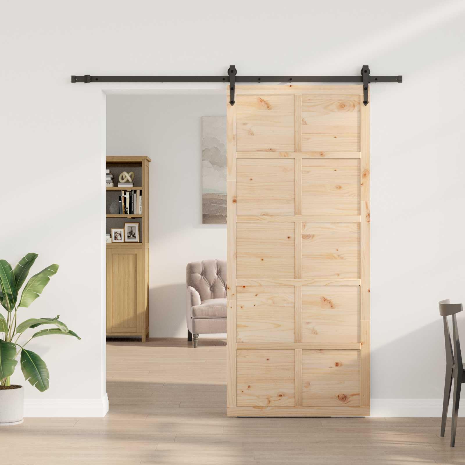 Puerta corredera natural de 90 x 208 cm de madera de pino maciza con sistema corredizo, juego completo, ahorro de espacio, puerta de habitación para interior, salón, dormitorio, loft