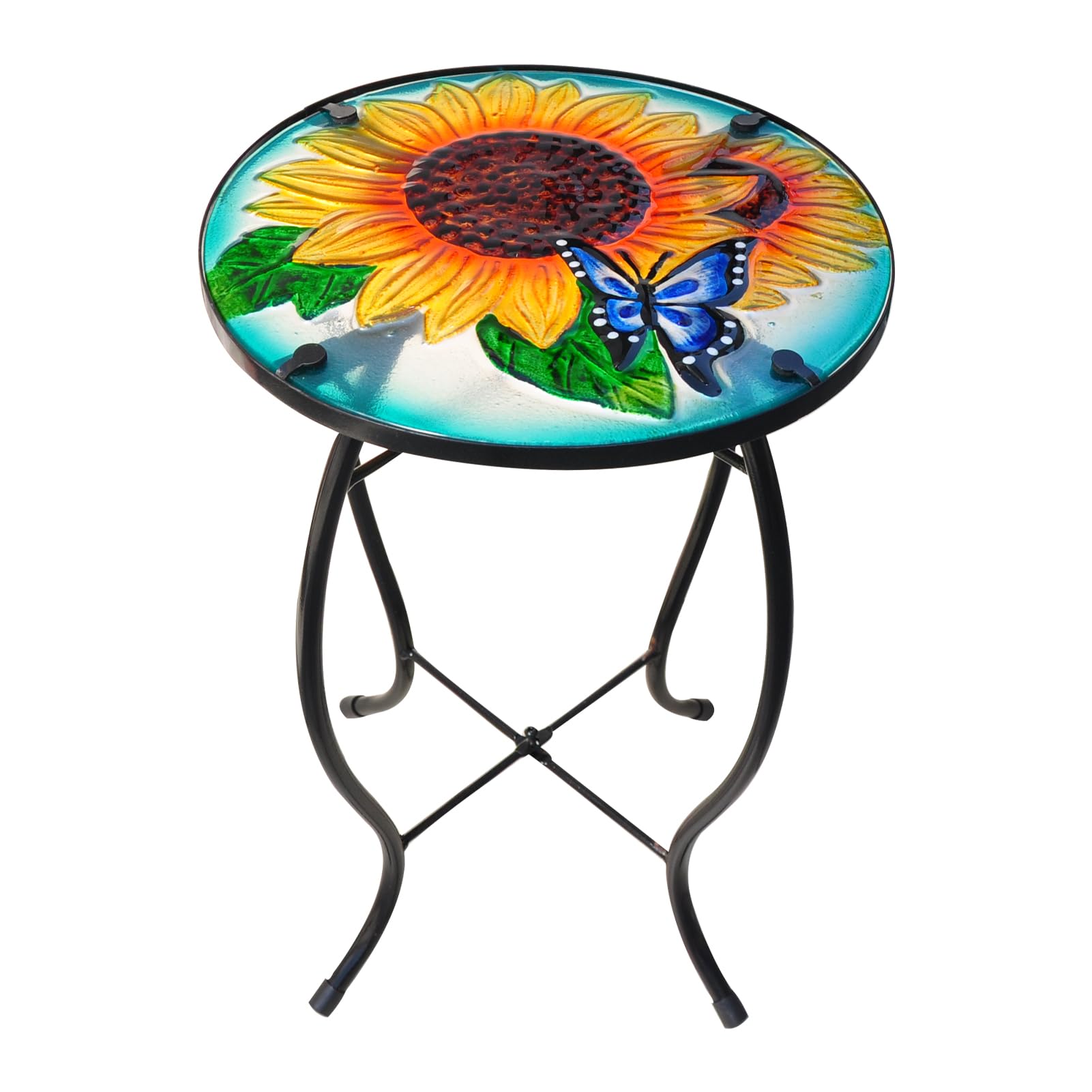 TERKEPT Patio Side Table Outdoor Accent Table Mosaic Coffee Side Table Glass Round Small Table Plant Stand for Indoor Garden Balcony