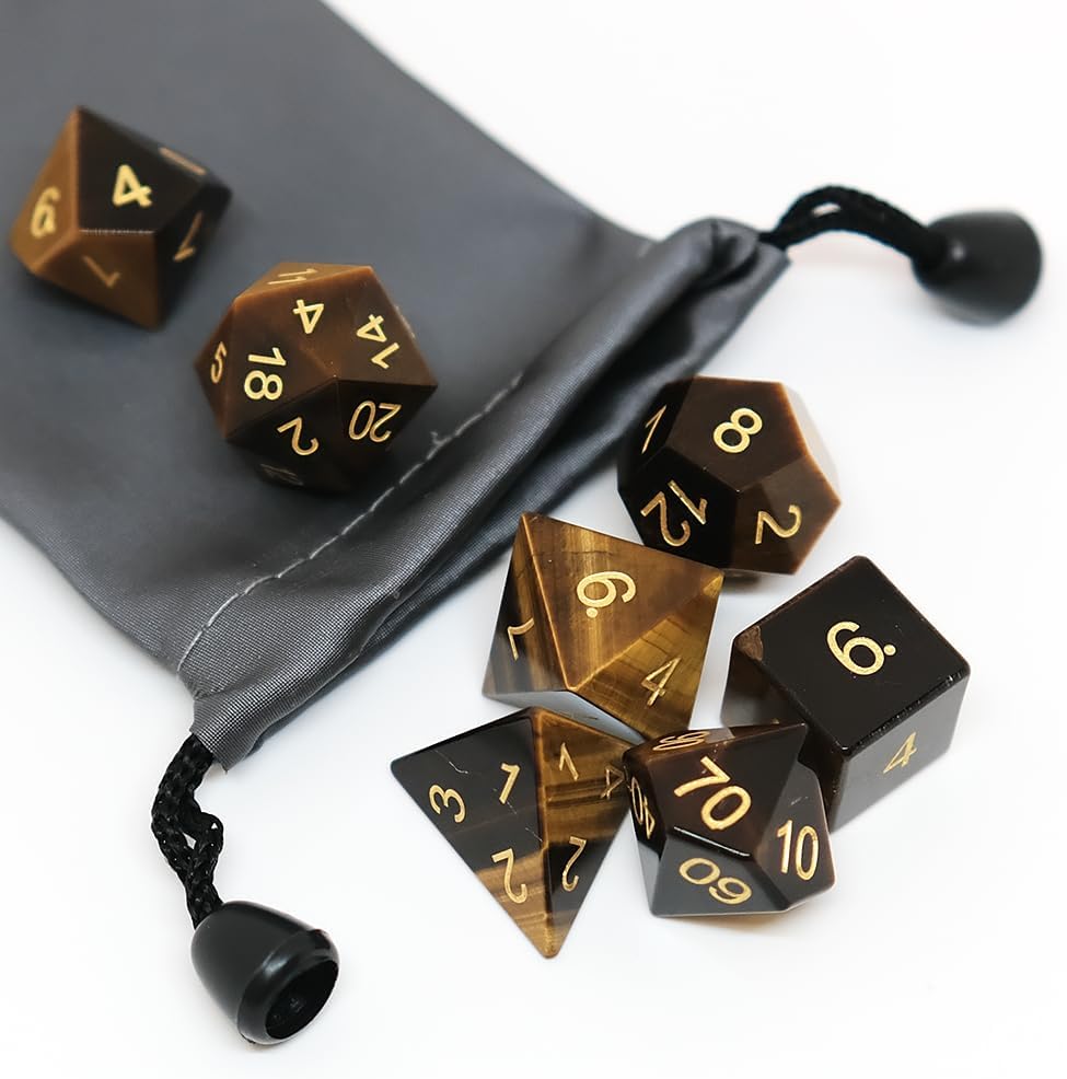 Pure Natural Gemstone Crystal Dice, Made of High-Tech Natural Stone. A Tandard Set of 7PCS Dice is Used for The DND D&D RPG MTG Tabletop Game (Tiger‘s Eye)