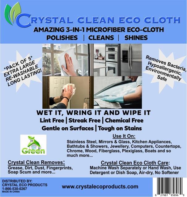 Crystal Clean Eco-Cloth Amazing Lint-Free/Streak-Free/Chemical-Free Microfiber Cloth for Windows & Glass/Mirrors Stainless Steel Appliances TV/Computer/ Tablets...5 in a Pack, White, 16''x16''
