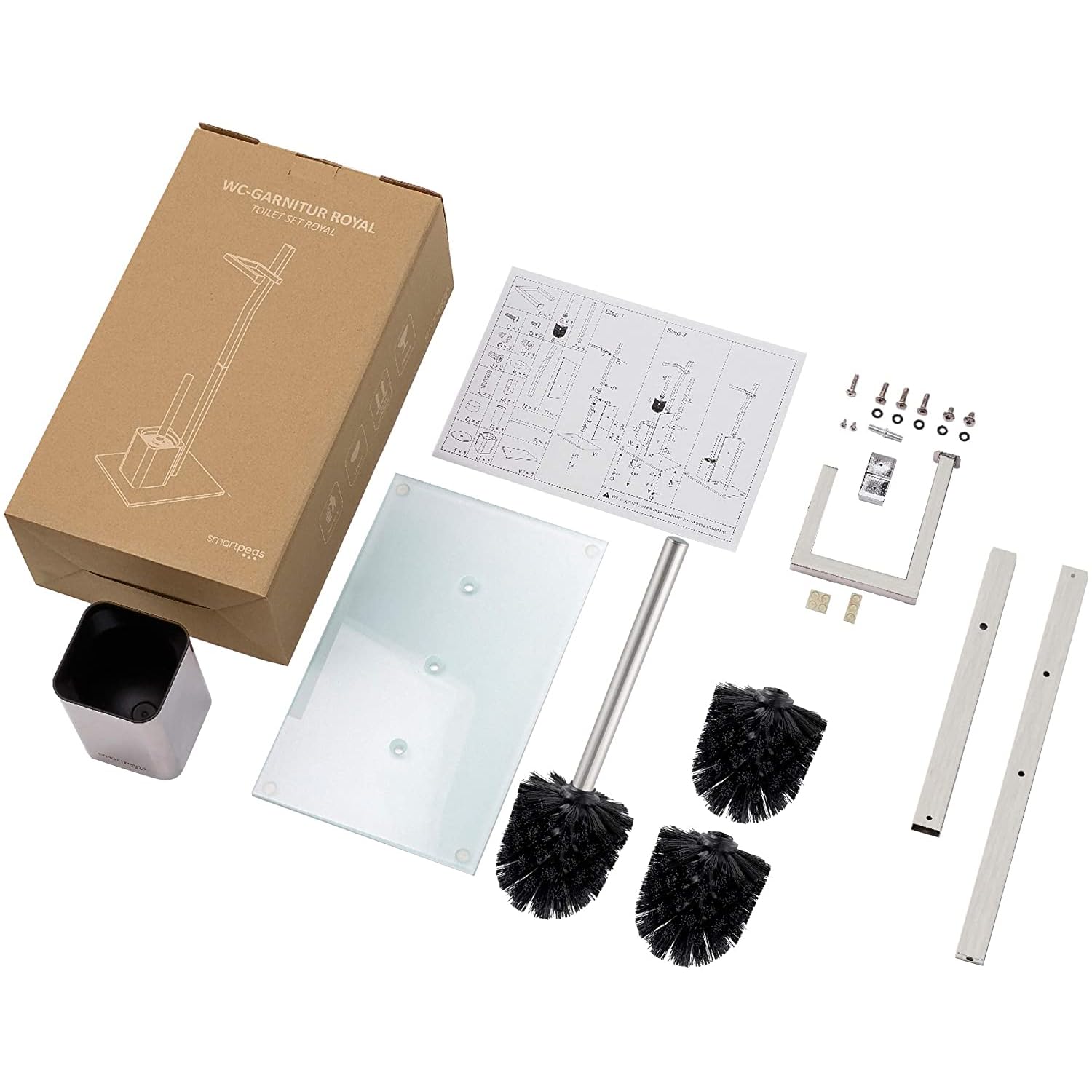 Set Wc Piantana Con Portarotolo - Bianco - Porta Scopino In Acciaio Inossidabile – Base In Vetro –Dim.: 32X20X70Cm– Installazione Facile –Plus: 1+2 Testate Di Spazzole Di Ricambio!… B07Zmhlhmm
