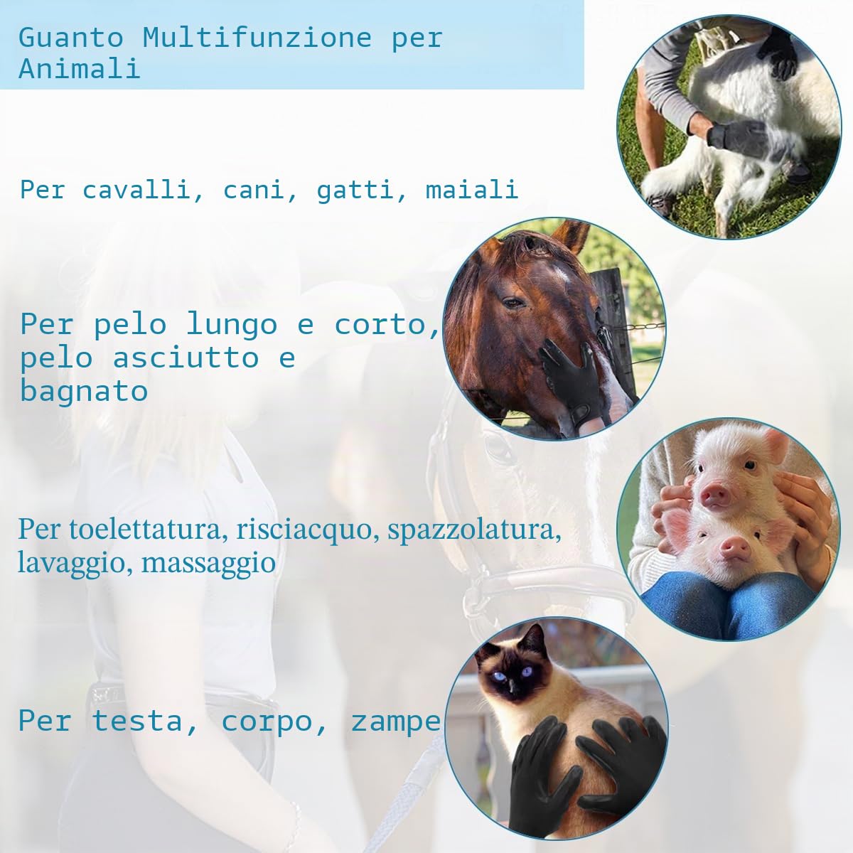 Guanti per la toelettatura del cane, spazzola multifunzionale per il massaggio del cavallo, in gomma traspirante, guanto per rimuovere i peli degli animali domestici, guanti per spargimento