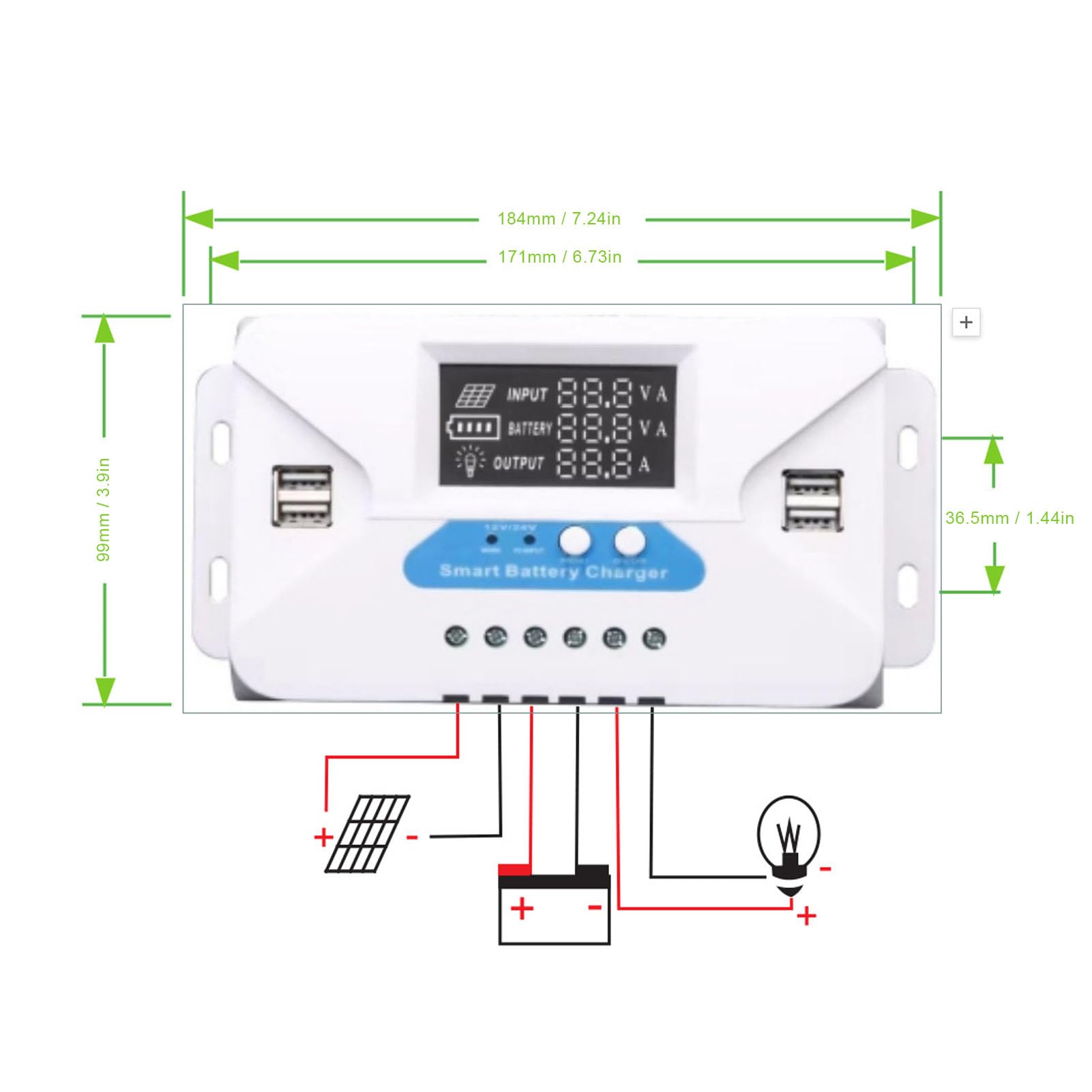 Luocute Kontroler ładowania Słonecznego 60A, Regulator MPPT 12V 24V z Wyświetlaczem LCD 4 Wyjścia USB, Kontrolery Energii Odnawialnej dla Baterii Litowo-fosowej Domowe Latarnie
