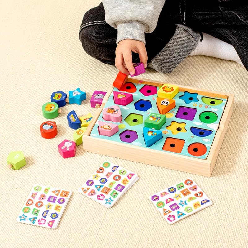 Image of HAPPY HUES Wooden Shape Matching Arithmetic Game - Montessori Peg Puzzle Sorting Board Preschool Learning, and Early Educational Development