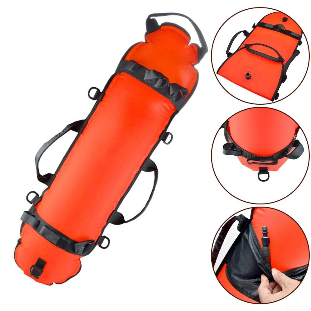Galleggiante arancione per immersioni subacquee con bandiera per pesca subacquea e caccia, boa di sicurezza gonfiabile con 5 anelli a D e 3 supporti per fucile, include corda da 20 m e bocchino esteso