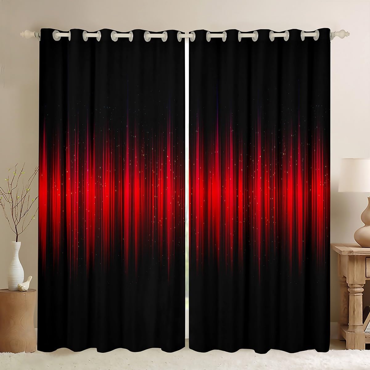 Feelyou Red and Black Darkening Drapes Abstract Ombre Blackout Curtains Boys Stripes Window Curtains Kids Toddler Red and Black Striped Window Treatments (2 Panels, 42 x 63 Inch)