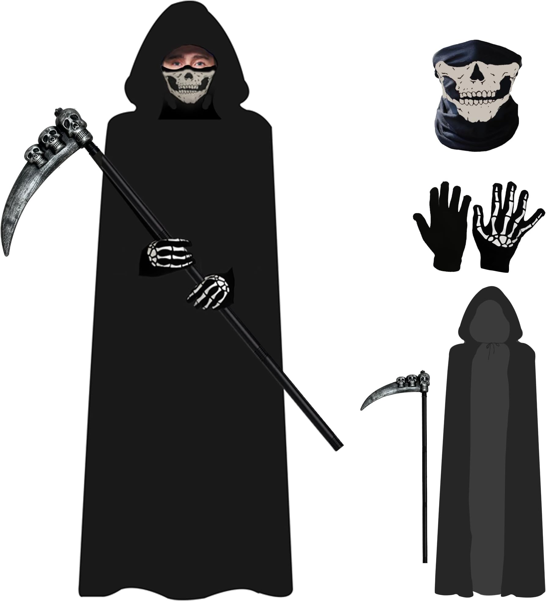 Grim Reaper Costume Set for Adult,Unisex Halloween Hooded Cape Cosplay Fancy Dress Cloak with & Scythe & Mask & Glove