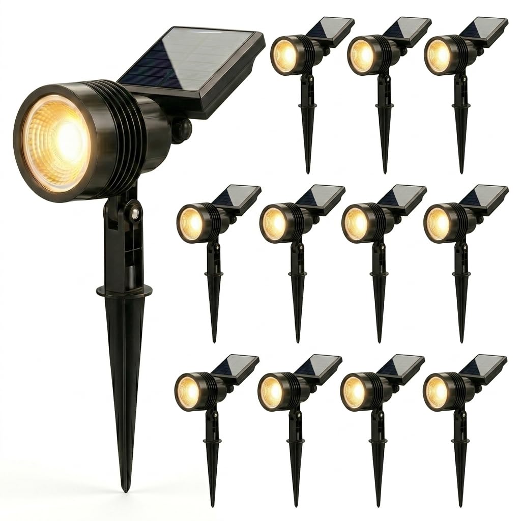 Auraglow Solar LED Spike Lights Outdoor Garden Accent Spotlights with Adjustable Heads and Solar Panels, Warm White 3000K, IP44 - Set of 12