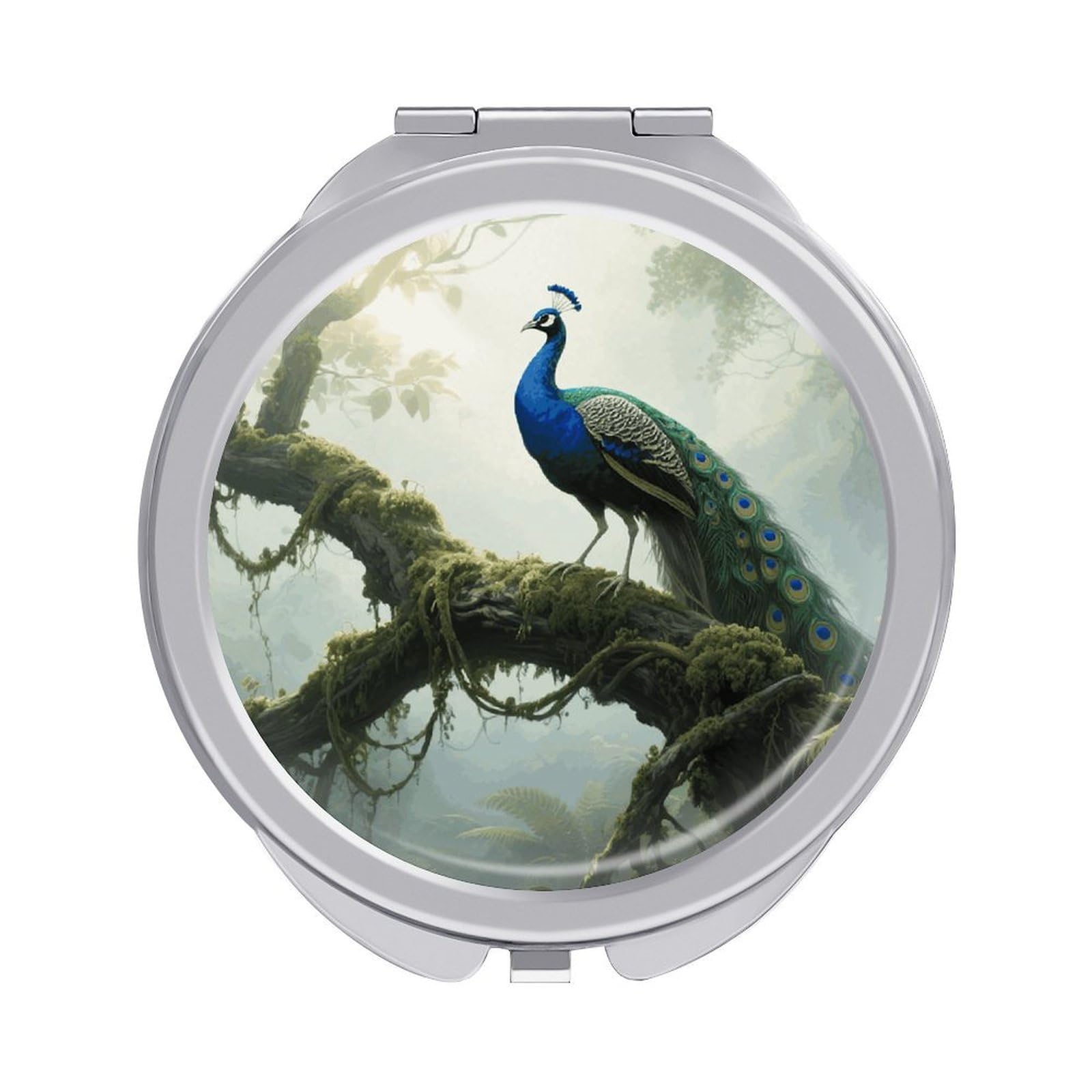 FodPand Compact Hand Mirror with 1x/2x Magnifying Round Travel Makeup Mirror Mini Foldable Forest Peacock Cosmetic Mirrors Travel Essentials Gift for Women Girl Portable for Pocket Purse -Silver