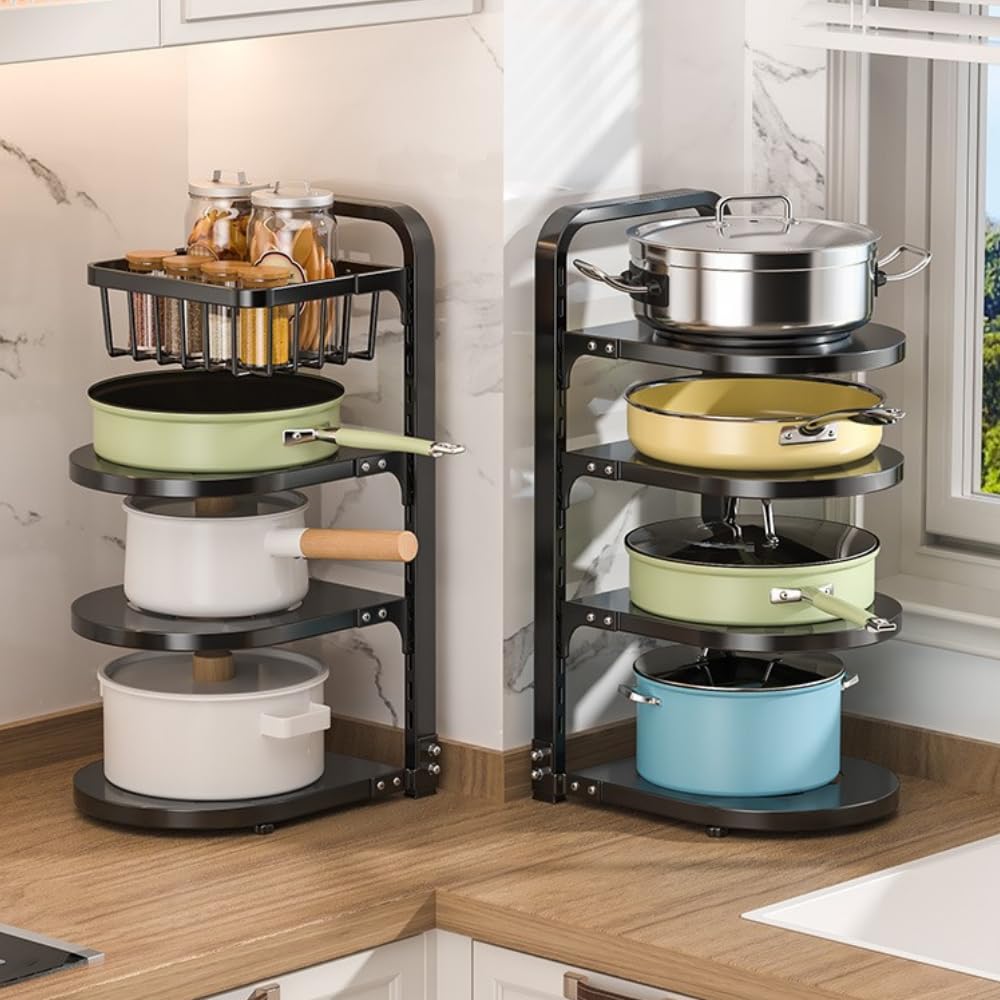 Malory 4-Layer Pots and Pans Organizer, Heavy Duty Pan Rack Under Sink Storage,Kitchen Storage Rack with Adjustable Dividers, Pot Rack & Pot Lid Holder for Kitchen Organization & Storage