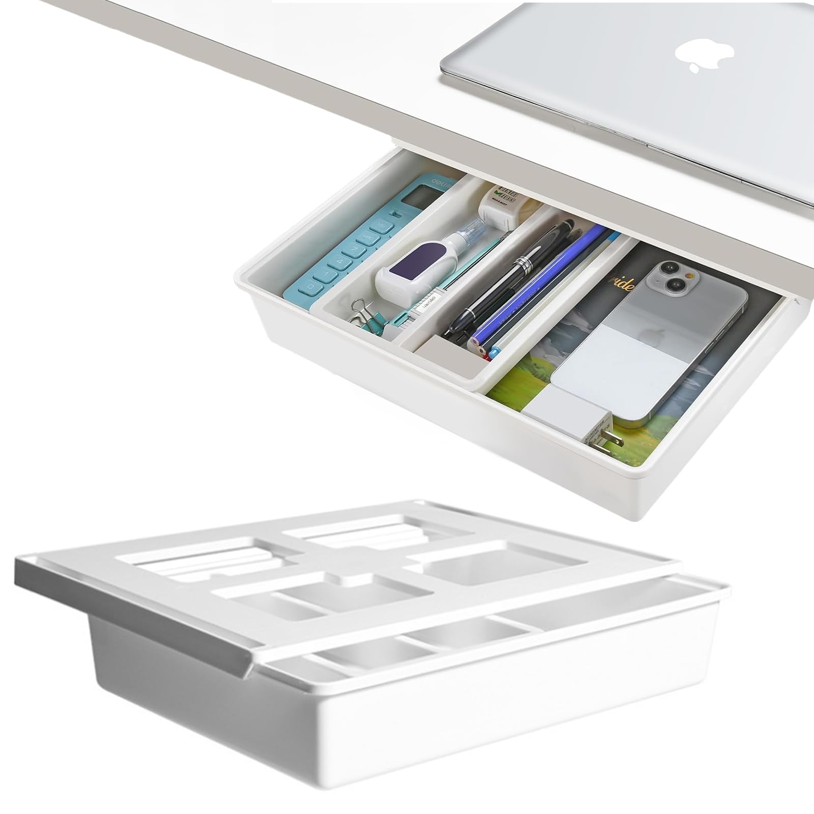 URMAGIC Tiroir Sous Bureau Adhésif Invisible - Rangement Astucieux Sans Perçage, 3 Tailles Disponibles, Coulissant Doux Et Solide Pour Stylos, Chargeurs, Accessoires