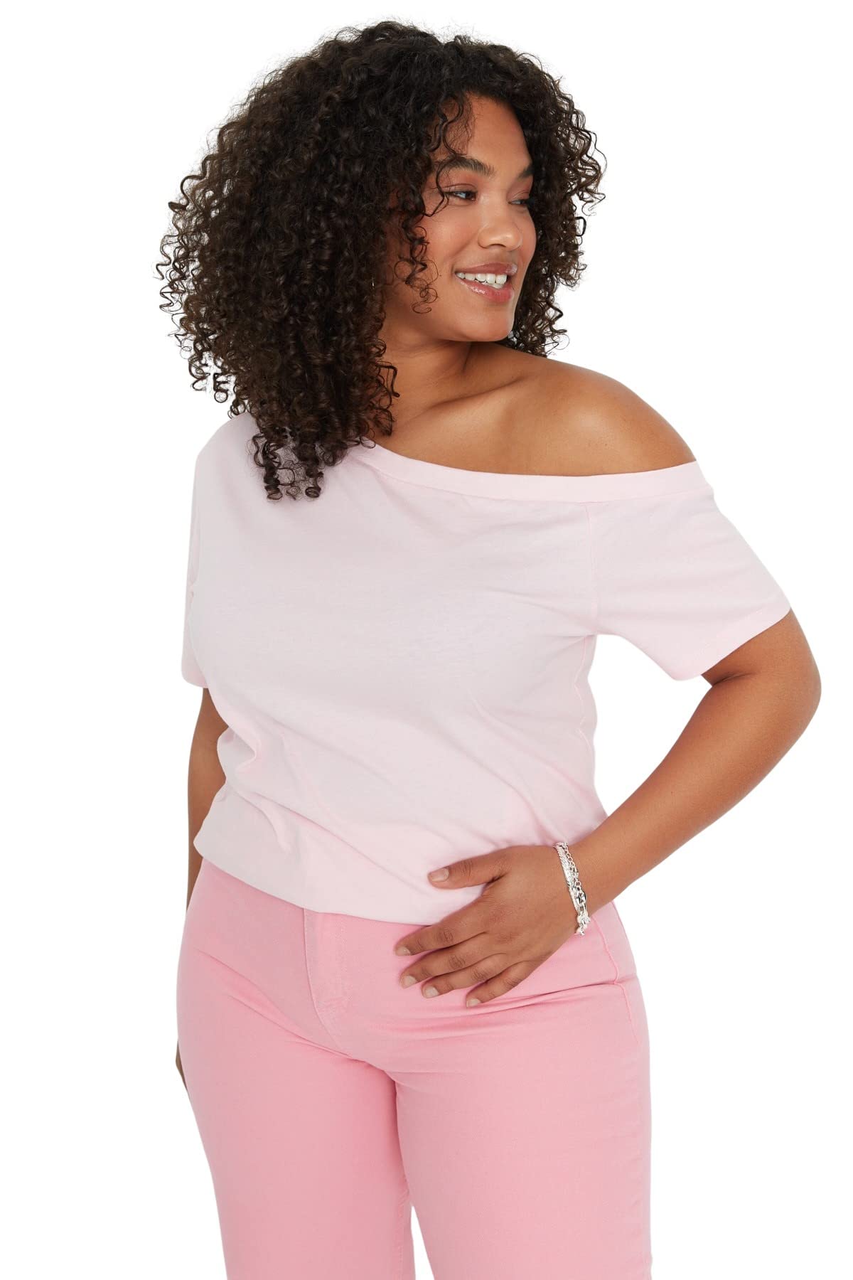 Trendyol Women Plus Size Fitted Basic Turndown Collar Knit Plus Size Blouse Pink