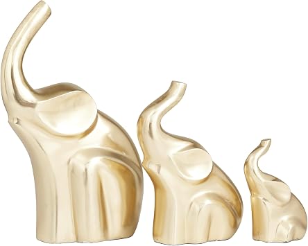 Deco 79 Aluminum Metal Elephant Decorative Sculpture Home Decor Statues, Set of 3 Accent Figurines 12", 8", 5"H, Gold