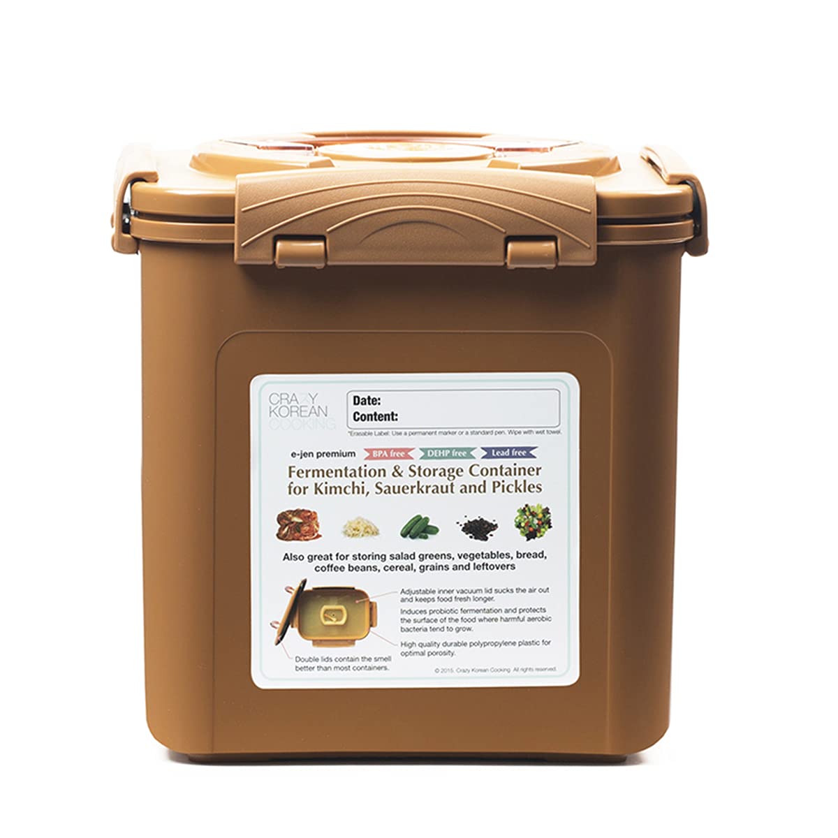 Crazy Korean Cooking Premium Kimchi, Sauerkraut Fermentation and Storage Container with Inner Vacuum Lid (1.6 Gal Sandy Brown (6.4L))