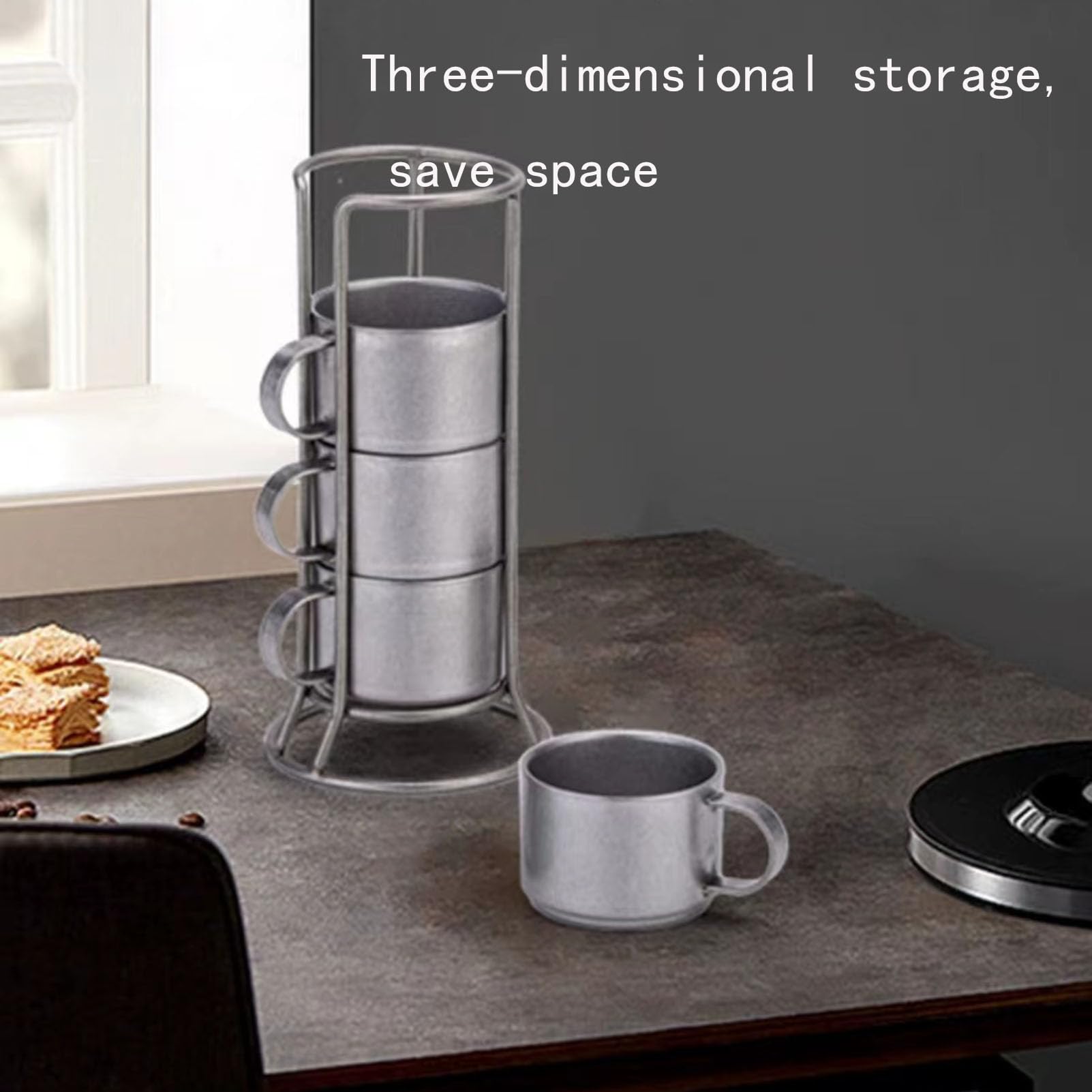 Tazas de Cafe，5 Tazas de Café Apilables de Acero Inoxidable con Soporte de Metal, Taza de Café Vintage de Acero Inoxidable 304, Juego de Tazas de Espresso, Tazas para Café, Té, Cacao, Leche