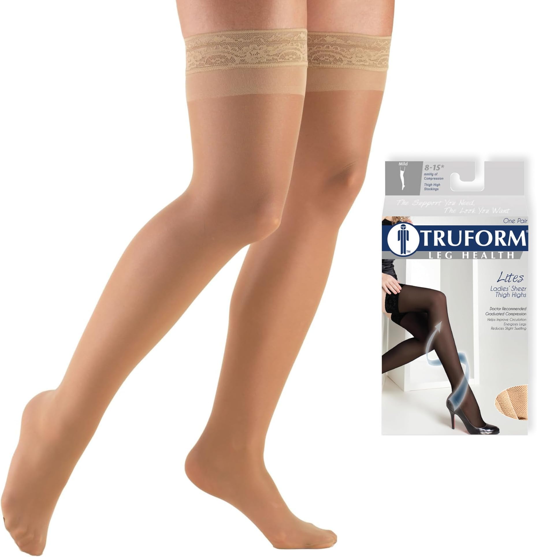 Sheer Compression Stockings, 8-15 mmHg, Women's Thigh High Length, 20 Denier, Beige, Large