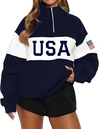 LEEDYA Women Long Sleeve American Flag Sweatshirts Half Zip USA Sweater
