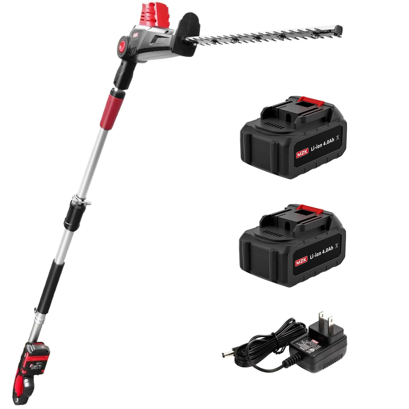 mzk 20v max 23-inch cordless pole hedge trimmer attachment, 8-feet reach, electric hedge trimmer with extension pole, multi-angle, for garden lawn trimming(two batteries and charger included)