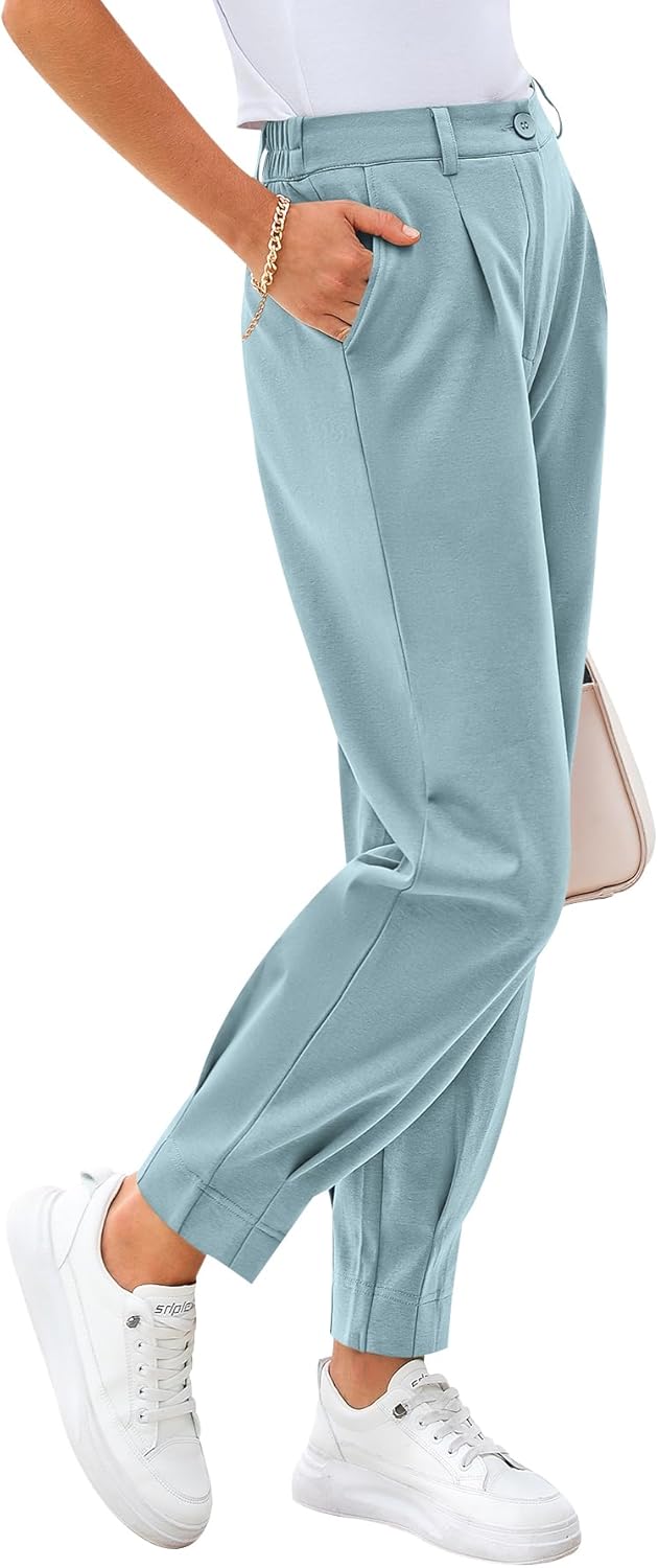 CFLONGE Women's Summer High Waisted Pants for Women 2026 Casual Ankle Length Pant for Work Office Trouser Slacks with Pockets