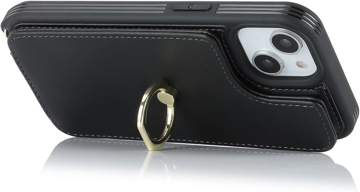 for iPhone 14 Plus Case with Card Holder and Strap for Women,Crossbody Lanyard,Stand Ring Kickstand,Snap Clasp,Phone Wallet Cases 6.7 inch(Black) - Image 7
