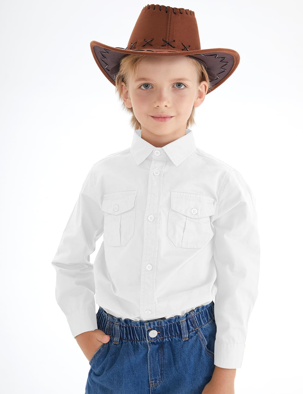 Spring&Gege Camisas de manga larga con botones de algodón tejido dos bolsillos camisas para niños