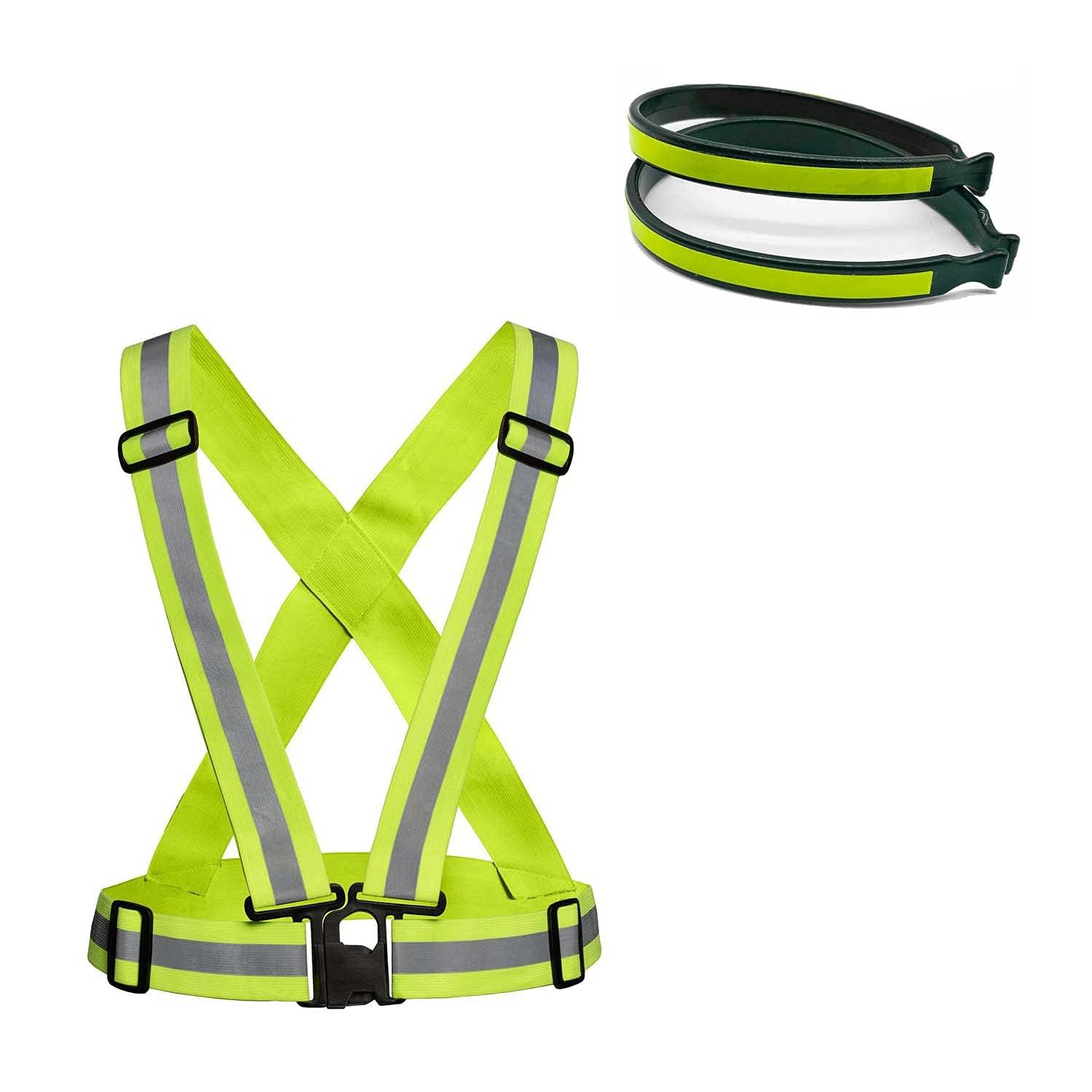 GenericSchrodinger 60055 Cycling Skating Running Neon Green Reflective Belt Jacket Adjustable Night Visibility Stripe Protective + 2pcs Reflective Trouser Clips Bands