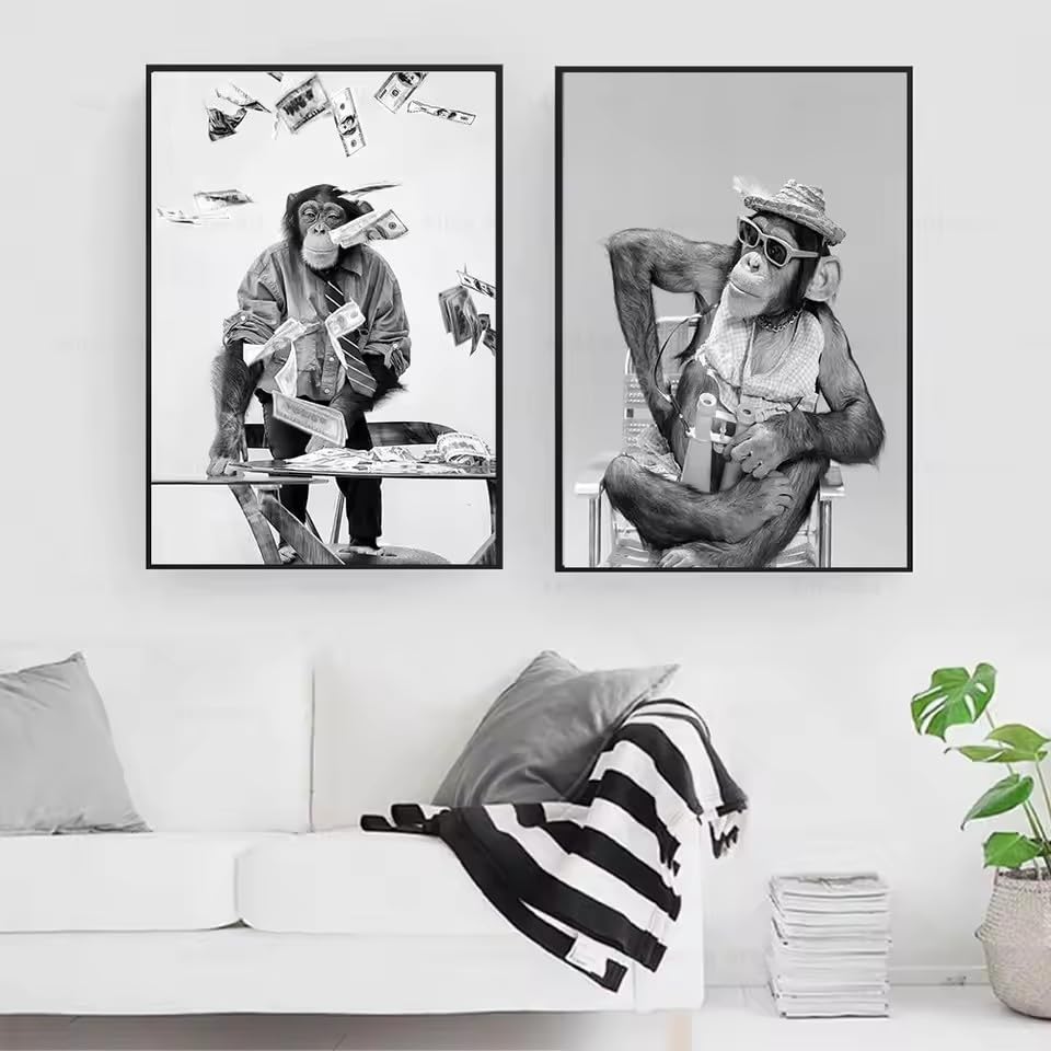 Affiche singe noir et blanc lisant un journal deco originale pour cadre de bureau