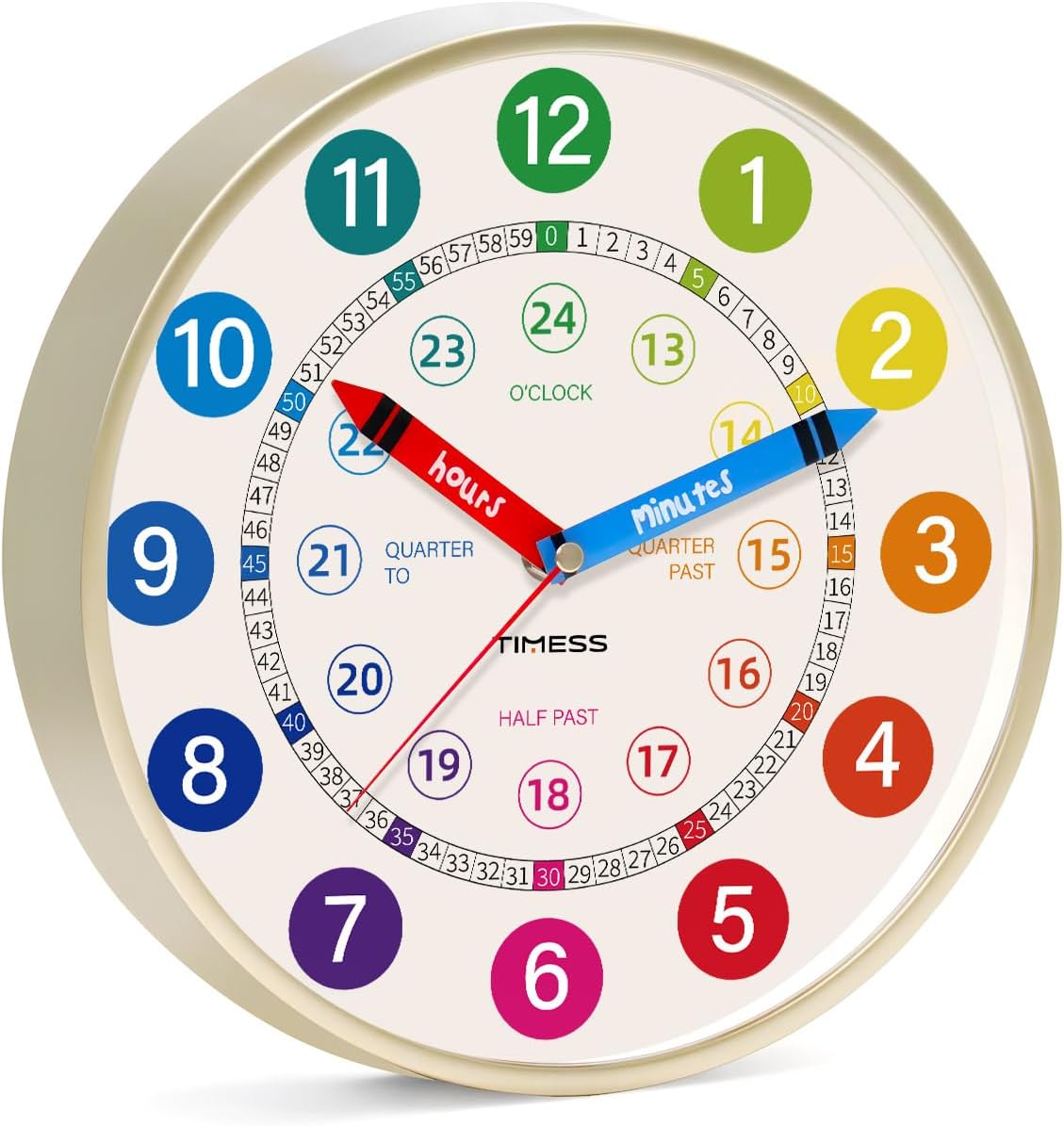 Silent 12" Wall Clock, Battery-Operated Learning to Tell Time Analog Clock , Colorful Time Teaching Home school Supplies, Non-Ticking Quartz Movement for Classroom Bedroom (Battery Not Included)