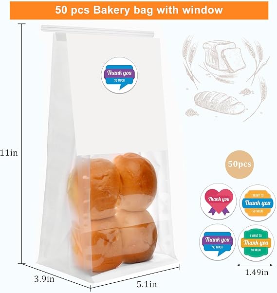 50 Pack Kraft Paper Bread Bags with Clear Window, 11 x 5.1 x 3.9 Bakery Bags Tin Tie Tab Lock Treat Bag Kraft Bread Pouches for Packaging Breads, Cookies, Treat, Pastry(White)