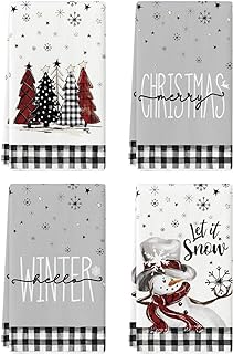 Artoid Mode Juego de 4 toallas de cocina de Navidad con diseño de muñeco de nieve de búfalo blanco y negro, 18 x 26 pulgadas, decoración diaria de invierno