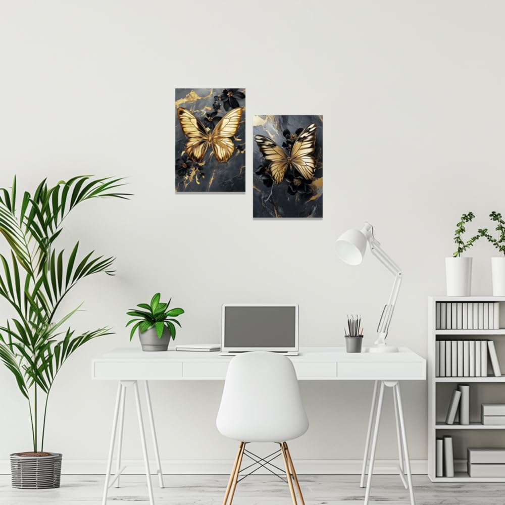 ZQQART Butterfly Pictures Wall Art Framed Set 2 Gold Butterflies Canvas Prints Abstract Insects Painting for Living Room Decor Ready to Hang(Gold,11.00"x14.00"x2P)