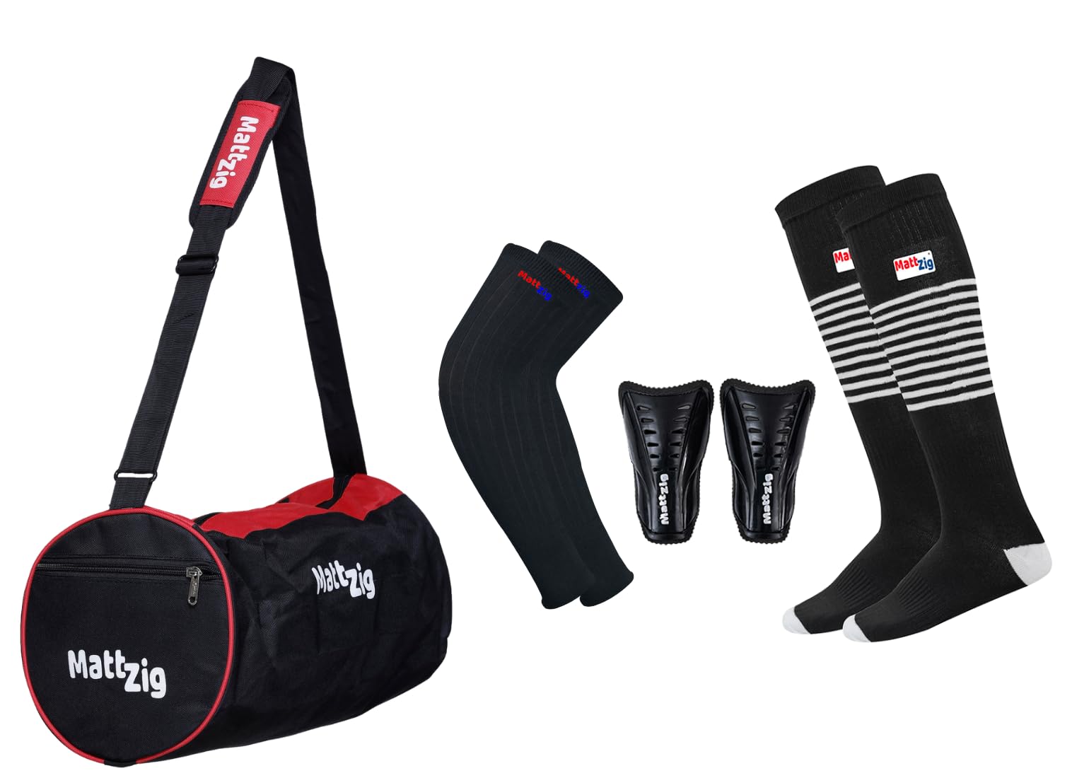 MattZig® Club Football Kit (One Pair of Striped Lycra Socks + One Pair of Shin Guard + One Pair of Cotton Arm Sleeves + One Kit Bag) (Red, Black)