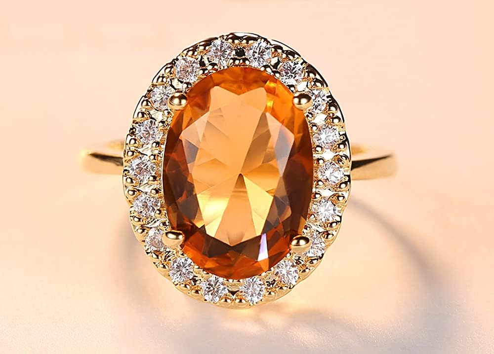 GUIDECUN Golden Tone Oval Shaped Champagne CZ & Round Clear Cubic Zirconia Halo Cocktails Engagement Ring for Woman (US Size 8)