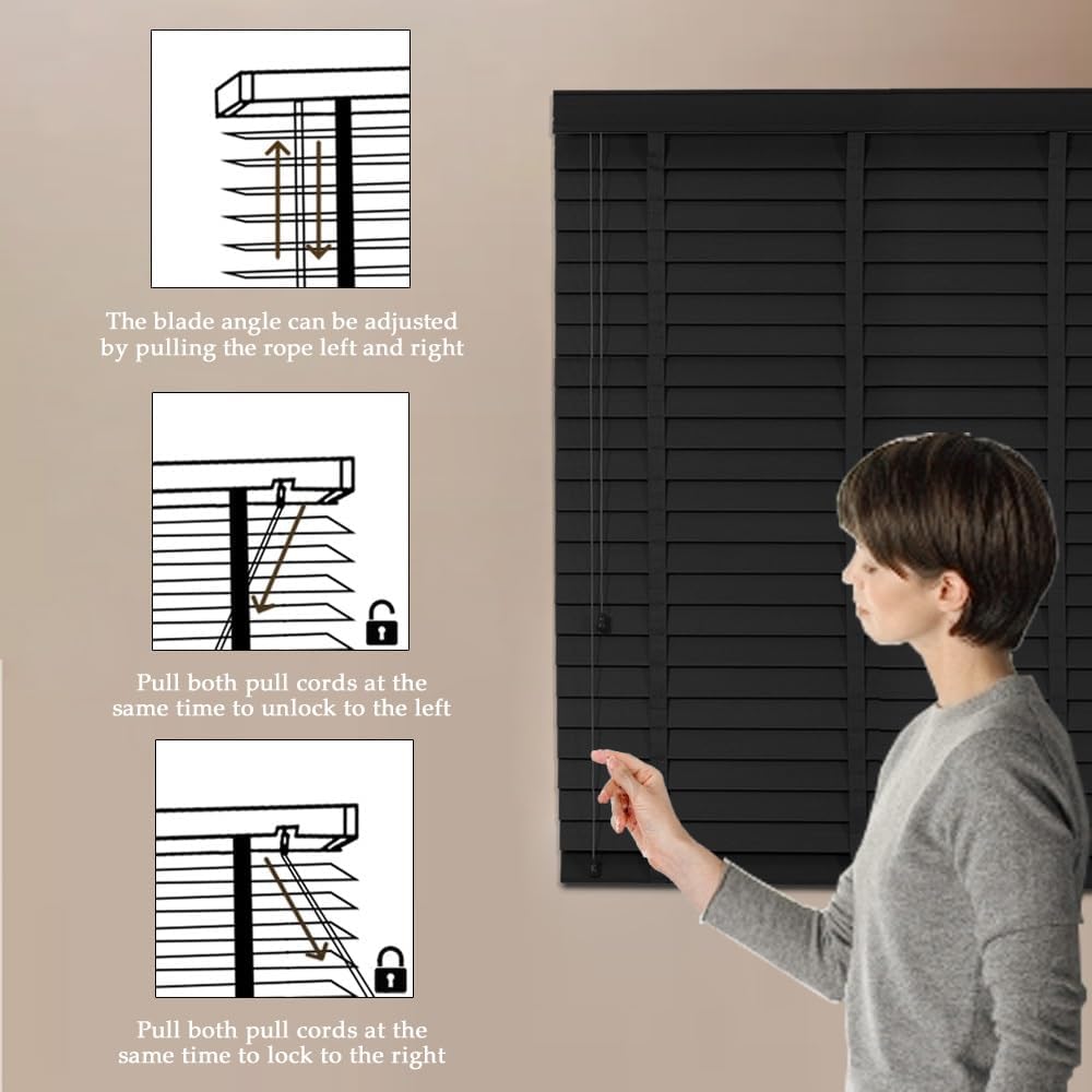 2" Slats Wooden Venetian Blinds for Windows (Custom Size W20~59" × H24~86") Darkening Shades Horizontal Blind for Bedroom Bathroom Patio Office Cordless(Black)